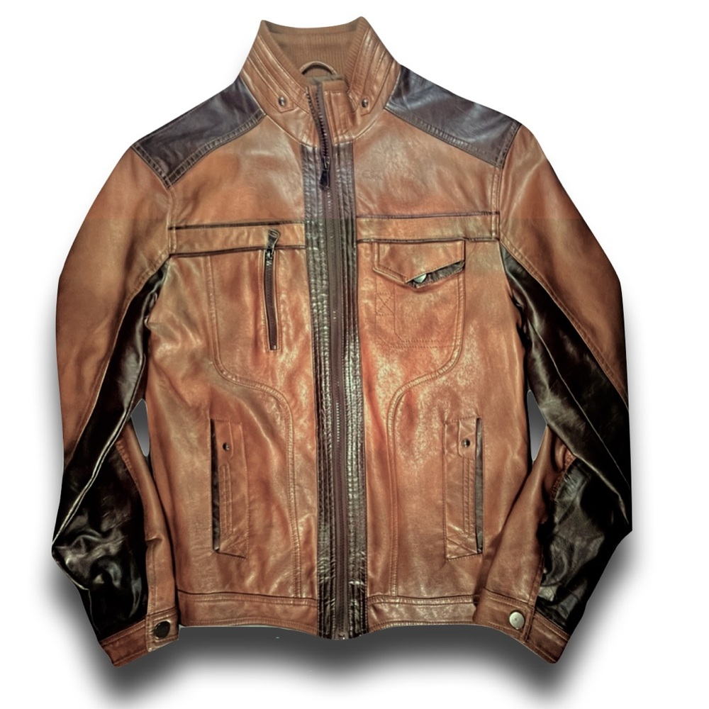 INC International Concepts Two-Tone Brown Faux Leather Jacket Men’s Small NWOT